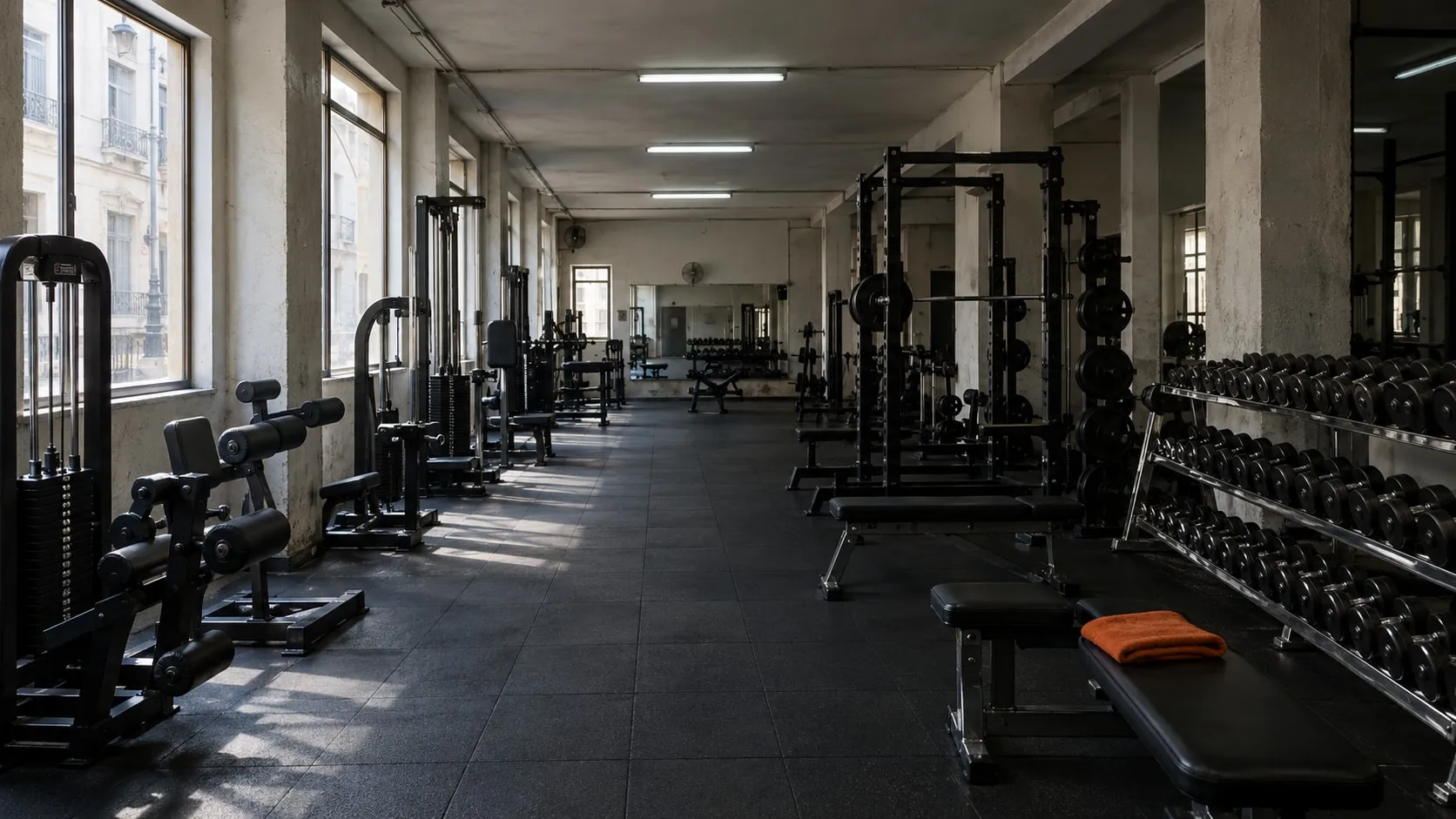 Sala de musculação old school com filas de máquinas, suportes de halteres e bancos